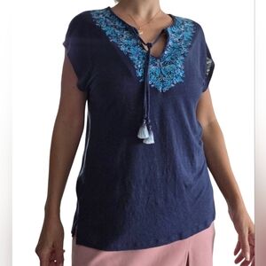 Tommy Bahama Blue Embroidered Tassels Split Neck Top Womens Small Resort‎ Boho